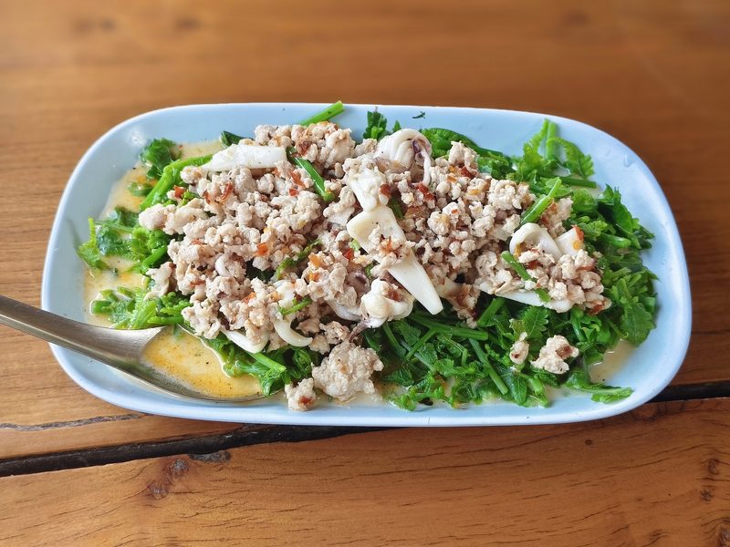 ผักกูดลวกโรยหมูสับและปลาหมึกบนจาน