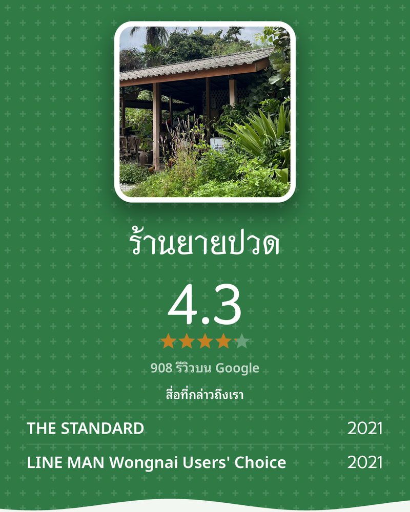 ร้านยายปวด · Google 4.3 ★ · 908 รีวิวบน Google · สื่อที่กล่าวถึงเรา: THE STANDARD 2021 · LINE MAN Wongnai Users' Choice 2021 · ครัวคุณต๋อย (BornTV) 2014
